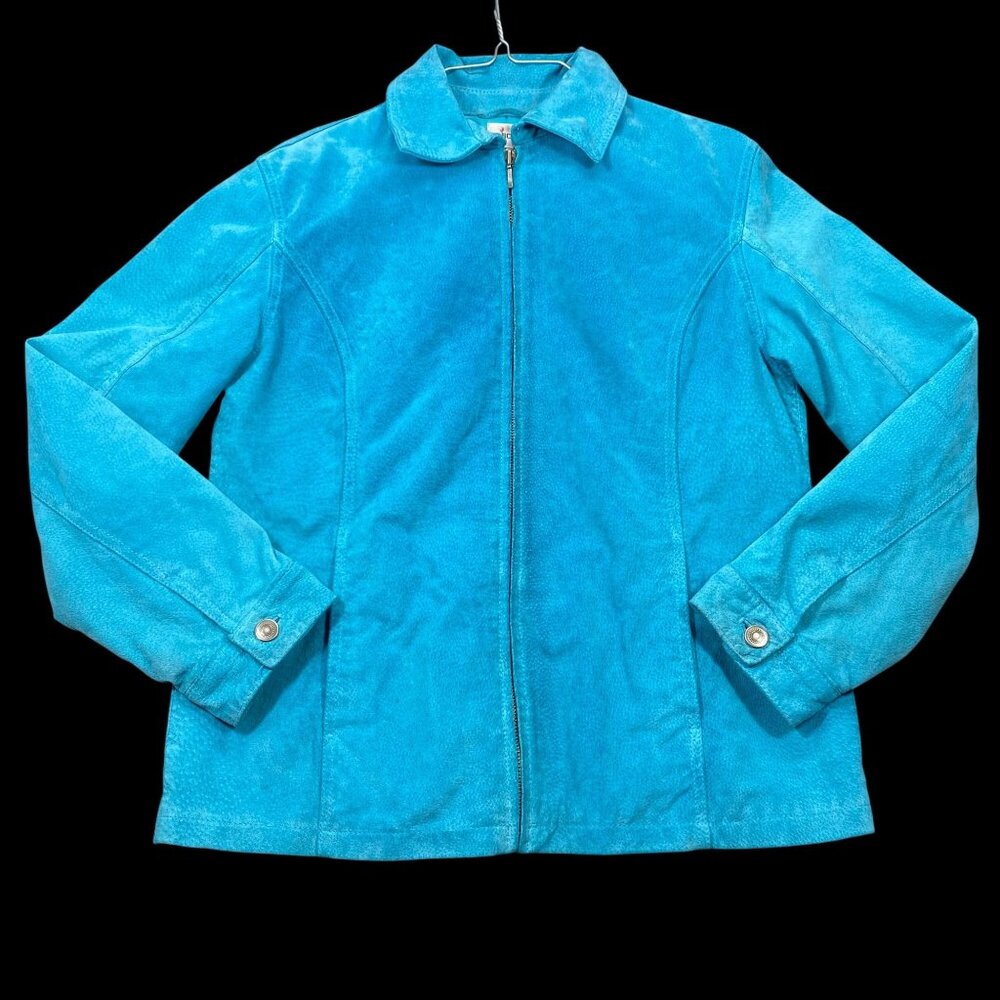 Chicos Teal Blue 100% Leather Jacket Womens Size 1 With Zip Front & Button Cuffs
